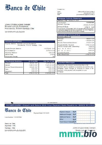 Chile Banco de Chile wyciąg z kredytu hipotecznego szablon Word i PDF